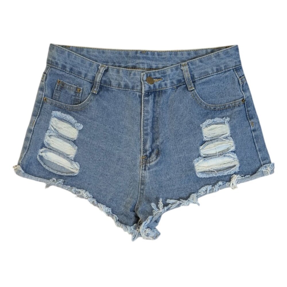 Womens Medium Wash Distressed Cut Off Blue Jean Shorts